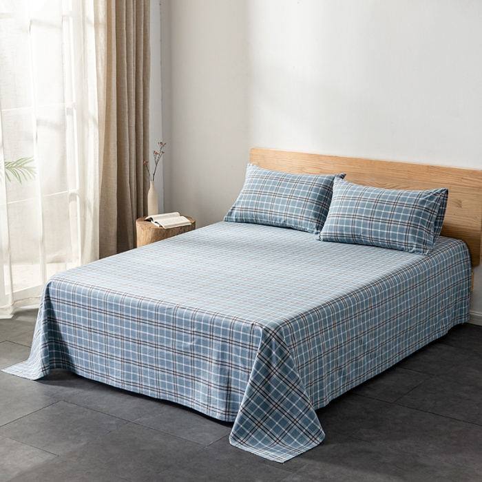 91家纺网 家纺一手货源 找家纺 久典 2022新款色织全棉水洗棉单品床单 暖阳蓝