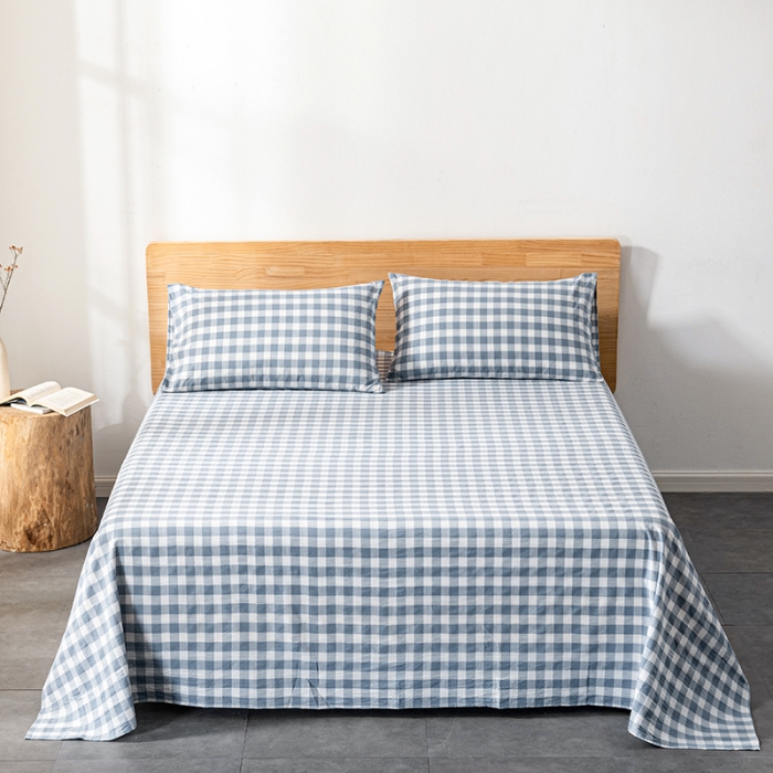 91家纺网 家纺一手货源 找家纺 久典 2022新款色织全棉水洗棉单品床单 清雅蓝