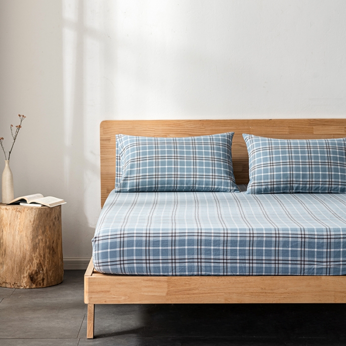 91家纺网 家纺一手货源 找家纺 久典 2022新款色织全棉水洗棉单品床笠 暖阳蓝