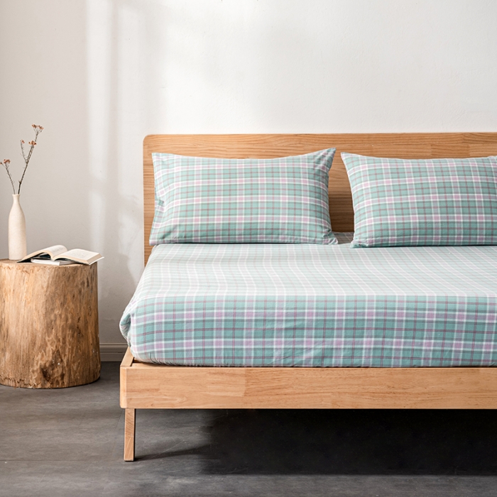 91家纺网 家纺一手货源 找家纺 久典 2022新款色织全棉水洗棉单品床笠 青柠格