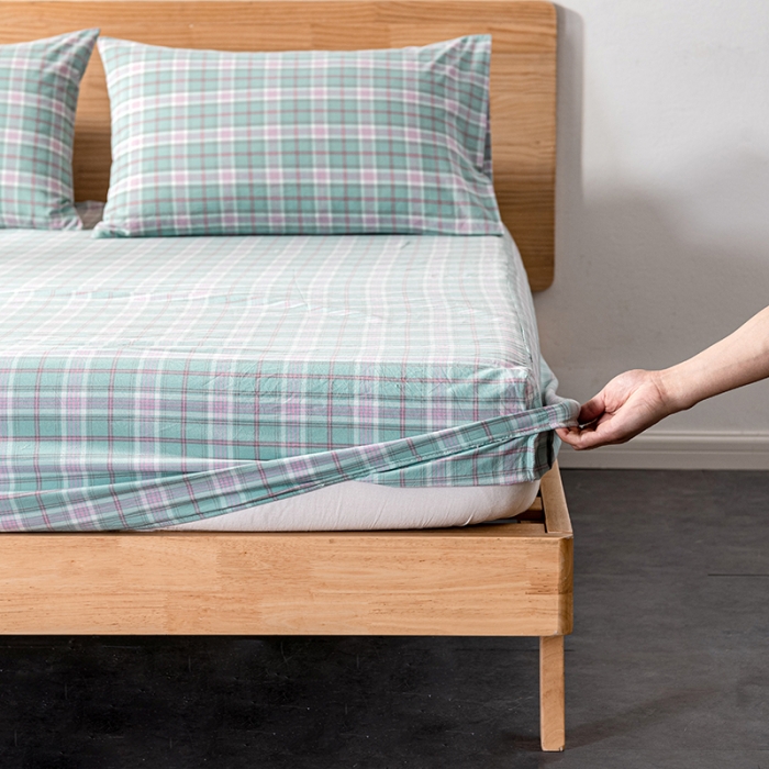 91家纺网 家纺一手货源 找家纺 久典 2022新款色织全棉水洗棉单品床笠 青柠格