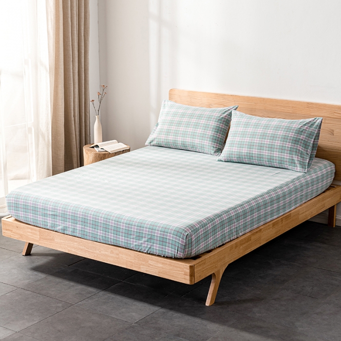 91家纺网 家纺一手货源 找家纺 久典 2022新款色织全棉水洗棉单品床笠 青柠格