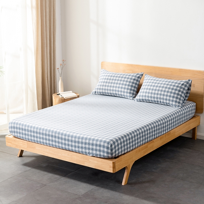 91家纺网 家纺一手货源 找家纺 久典 2022新款色织全棉水洗棉单品床笠 清雅蓝