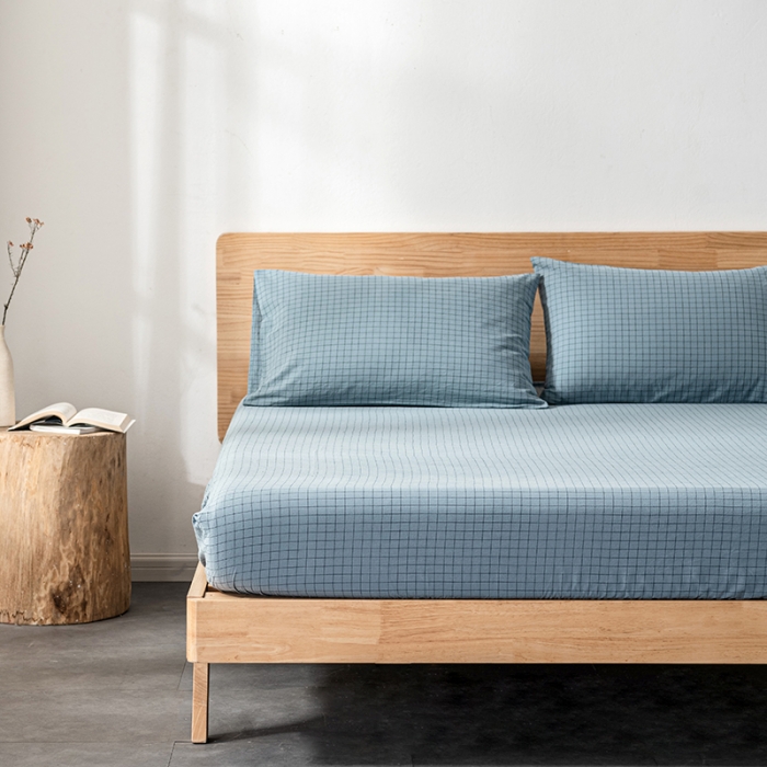 91家纺网 家纺一手货源 找家纺 久典 2022新款色织全棉水洗棉单品床笠 雾兰格