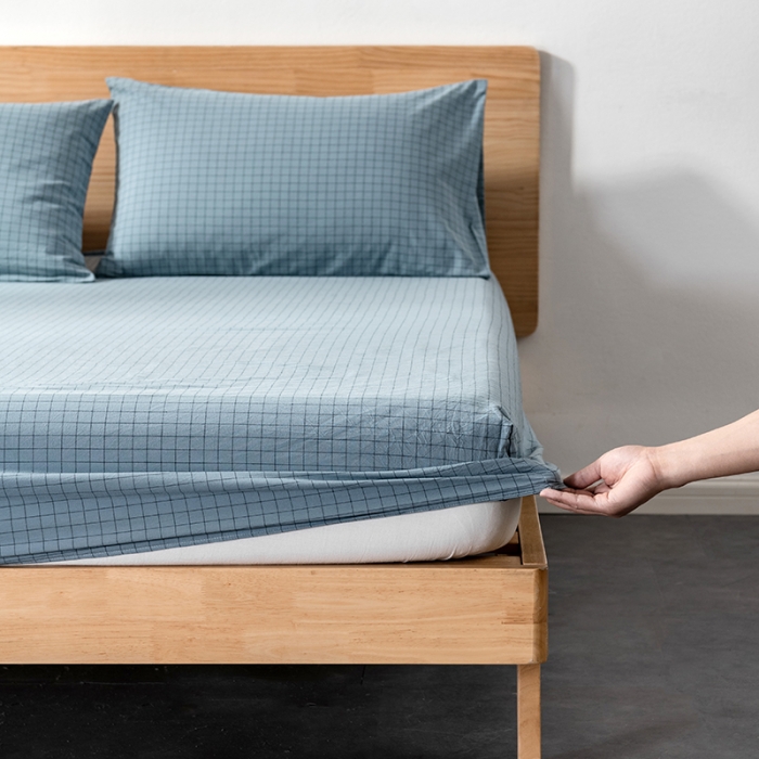 91家纺网 家纺一手货源 找家纺 久典 2022新款色织全棉水洗棉单品床笠 雾兰格