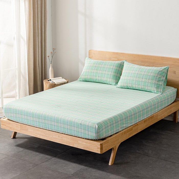 91家纺网 家纺一手货源 找家纺 久典 2022新款色织全棉水洗棉单品床笠 夏日绿