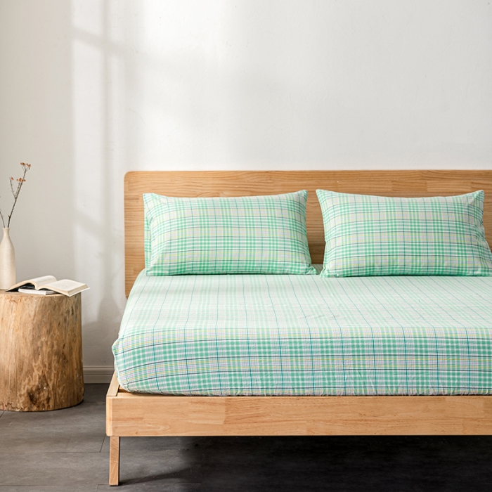 91家纺网 家纺一手货源 找家纺 久典 2022新款色织全棉水洗棉单品床笠 夏日绿