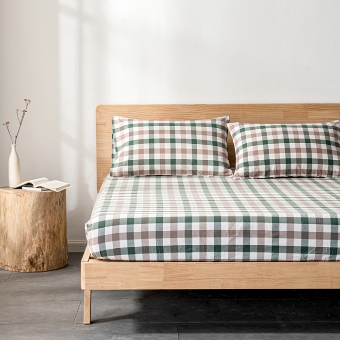 91家纺网 家纺一手货源 找家纺 久典 2022新款色织全棉水洗棉单品床笠 中格绿