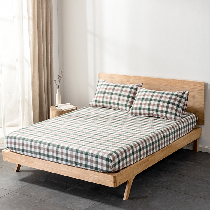 91家纺网 家纺一手货源 找家纺 久典 2022新款色织全棉水洗棉单品床笠 中格绿