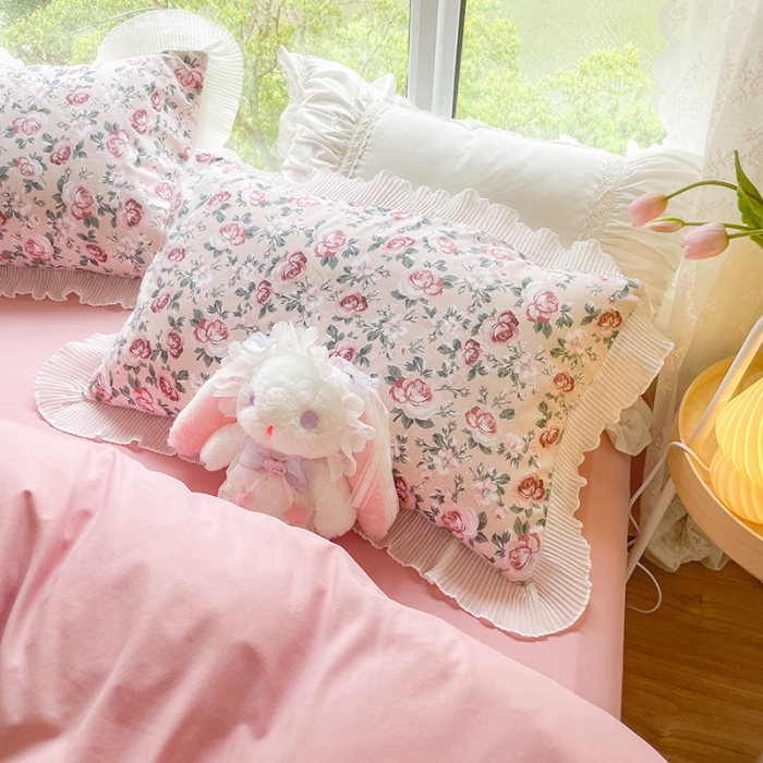 91家纺网 家纺一手货源 找家纺 琪格格纺织 2022新款水洗棉蕾丝边四件套 赤蔷薇