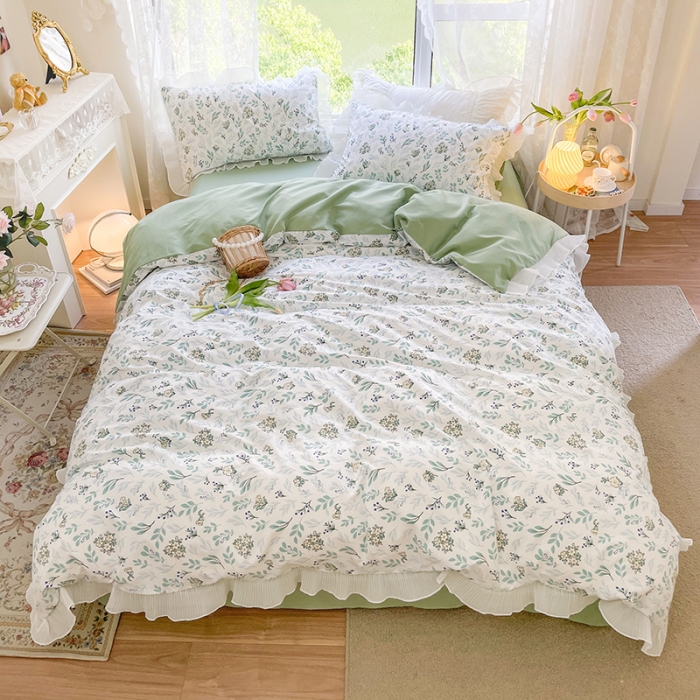 91家纺网 家纺一手货源 找家纺 琪格格纺织 2022新款水洗棉蕾丝边四件套 春意