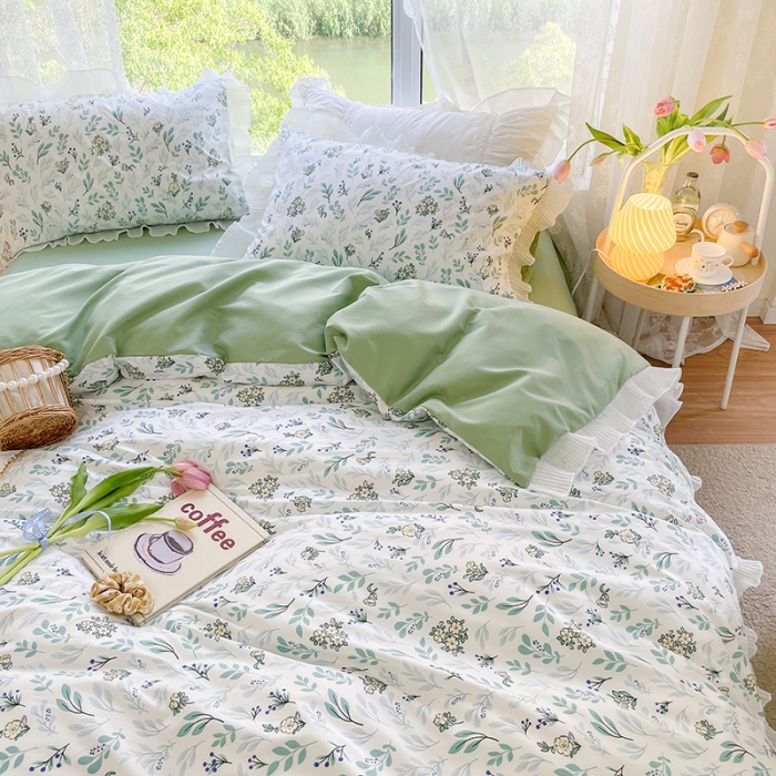 91家纺网 家纺一手货源 找家纺 琪格格纺织 2022新款水洗棉蕾丝边四件套 春意