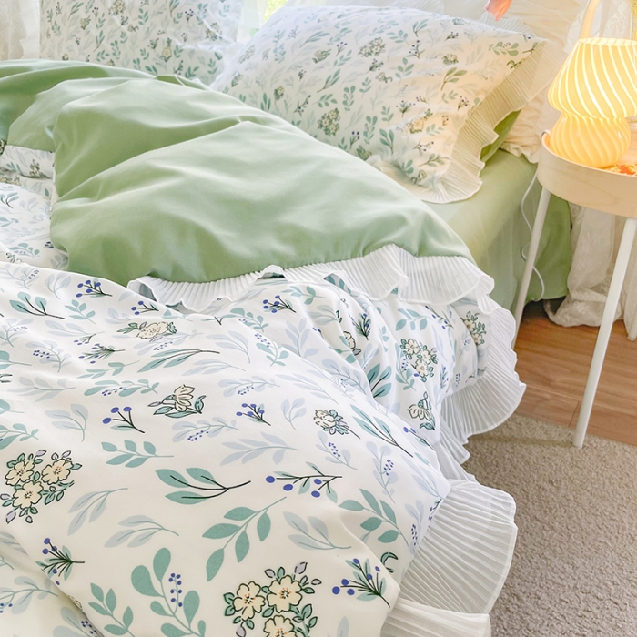 91家纺网 家纺一手货源 找家纺 琪格格纺织 2022新款水洗棉蕾丝边四件套 春意