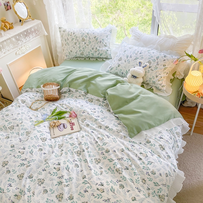 91家纺网 家纺一手货源 找家纺 琪格格纺织 2022新款水洗棉蕾丝边四件套 春意