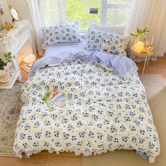 91家纺网 家纺一手货源 找家纺 琪格格纺织 2022新款水洗棉蕾丝边四件套 蓝莓