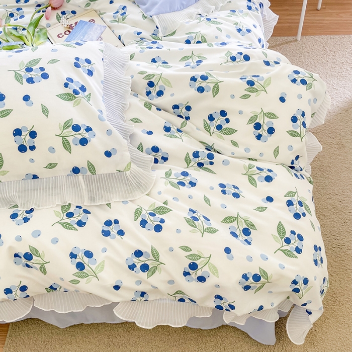 91家纺网 家纺一手货源 找家纺 琪格格纺织 2022新款水洗棉蕾丝边四件套 蓝莓