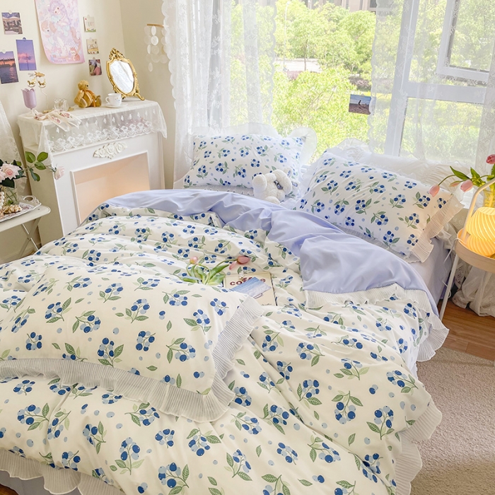 91家纺网 家纺一手货源 找家纺 琪格格纺织 2022新款水洗棉蕾丝边四件套 蓝莓