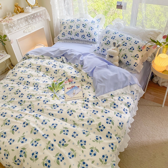 91家纺网 家纺一手货源 找家纺 琪格格纺织 2022新款水洗棉蕾丝边四件套 蓝莓