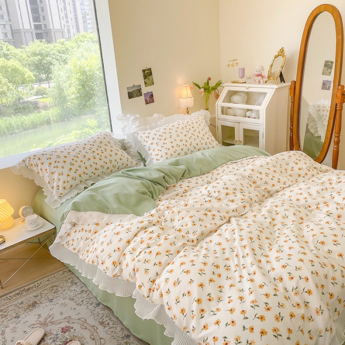 91家纺网 家纺一手货源 找家纺 琪格格纺织 2022新款水洗棉蕾丝边四件套 浅夏