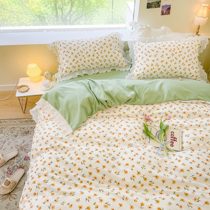 91家纺网 家纺一手货源 找家纺 琪格格纺织 2022新款水洗棉蕾丝边四件套 浅夏