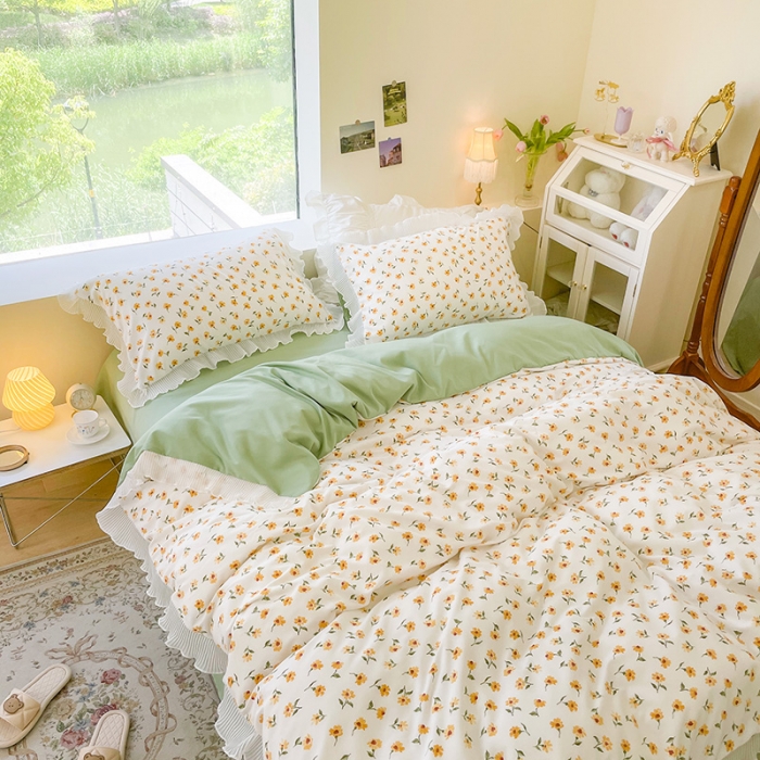 91家纺网 家纺一手货源 找家纺 琪格格纺织 2022新款水洗棉蕾丝边四件套 浅夏