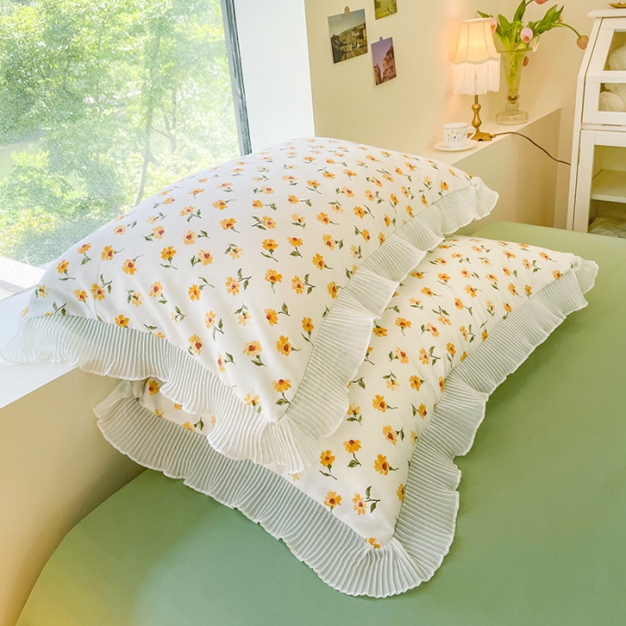 91家纺网 家纺一手货源 找家纺 琪格格纺织 2022新款水洗棉蕾丝边四件套 浅夏