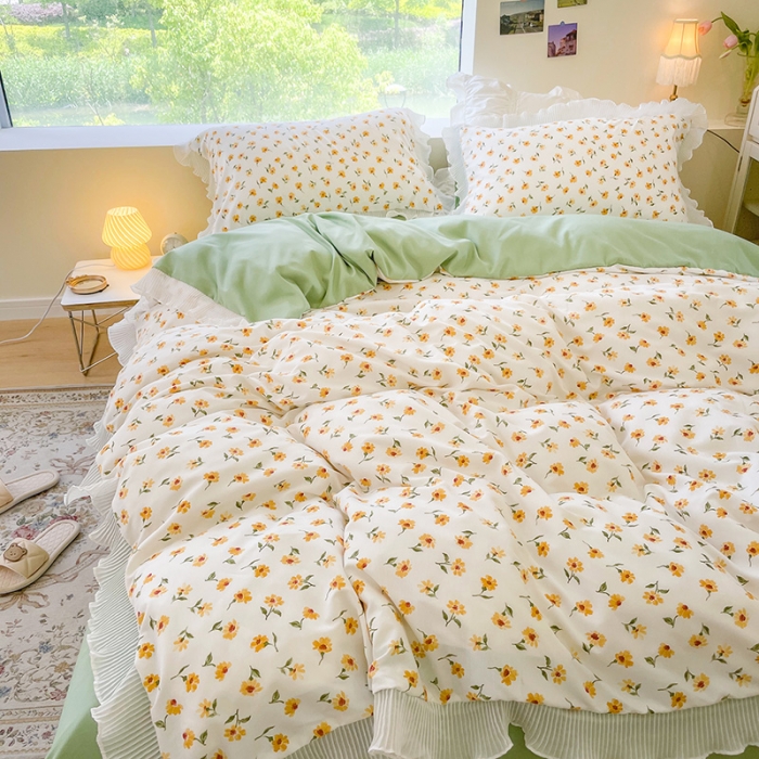 91家纺网 家纺一手货源 找家纺 琪格格纺织 2022新款水洗棉蕾丝边四件套 浅夏