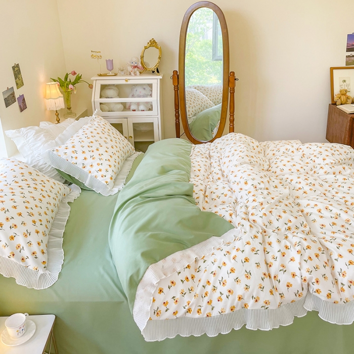 91家纺网 家纺一手货源 找家纺 琪格格纺织 2022新款水洗棉蕾丝边四件套 浅夏