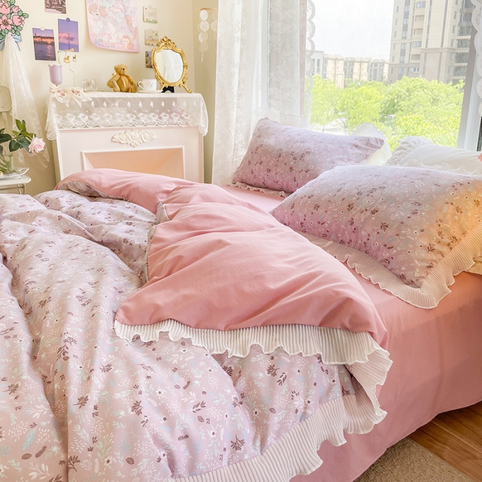 91家纺网 家纺一手货源 找家纺 琪格格纺织 2022新款水洗棉蕾丝边四件套 素雅