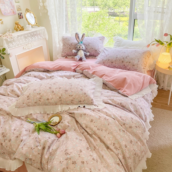 91家纺网 家纺一手货源 找家纺 琪格格纺织 2022新款水洗棉蕾丝边四件套 素雅