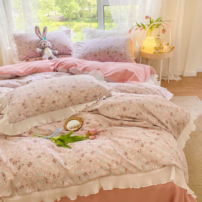 91家纺网 家纺一手货源 找家纺 琪格格纺织 2022新款水洗棉蕾丝边四件套 素雅