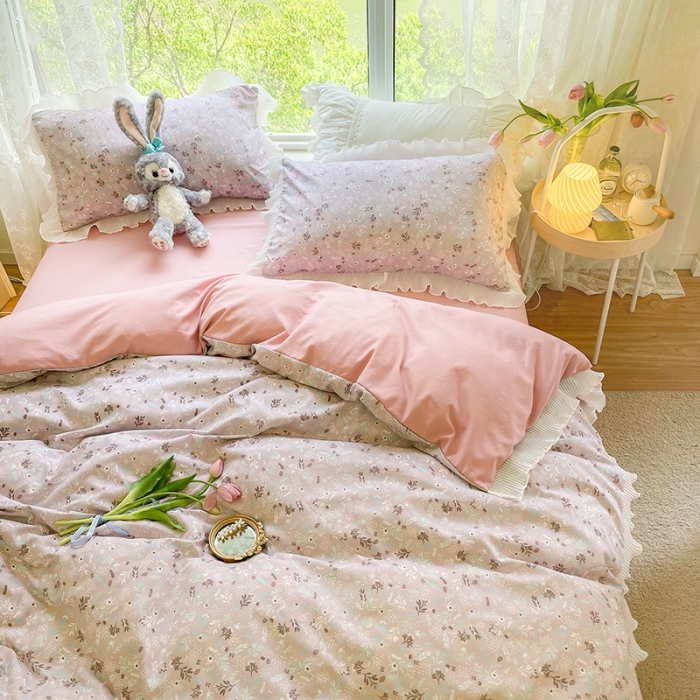 91家纺网 家纺一手货源 找家纺 琪格格纺织 2022新款水洗棉蕾丝边四件套 素雅