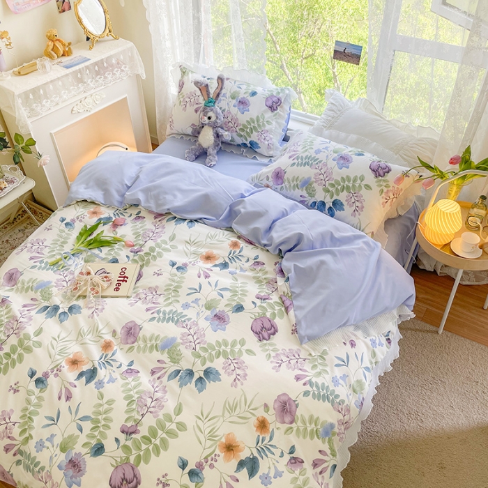 91家纺网 家纺一手货源 找家纺 琪格格纺织 2022新款水洗棉蕾丝边四件套 汐颜