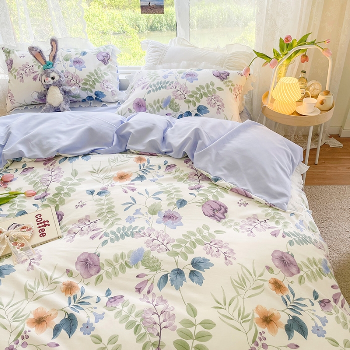 91家纺网 家纺一手货源 找家纺 琪格格纺织 2022新款水洗棉蕾丝边四件套 汐颜