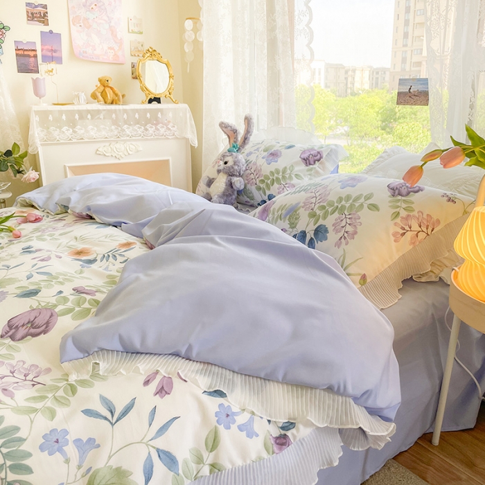 91家纺网 家纺一手货源 找家纺 琪格格纺织 2022新款水洗棉蕾丝边四件套 汐颜