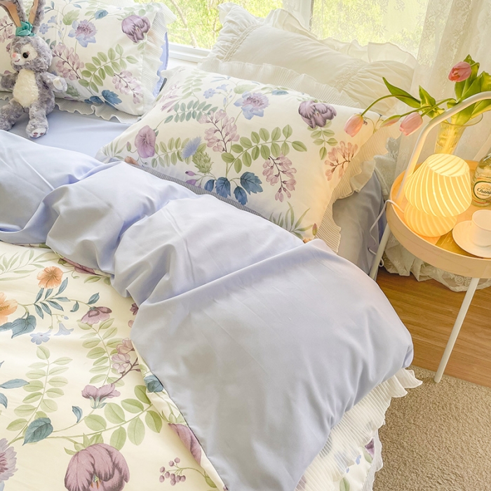 91家纺网 家纺一手货源 找家纺 琪格格纺织 2022新款水洗棉蕾丝边四件套 汐颜