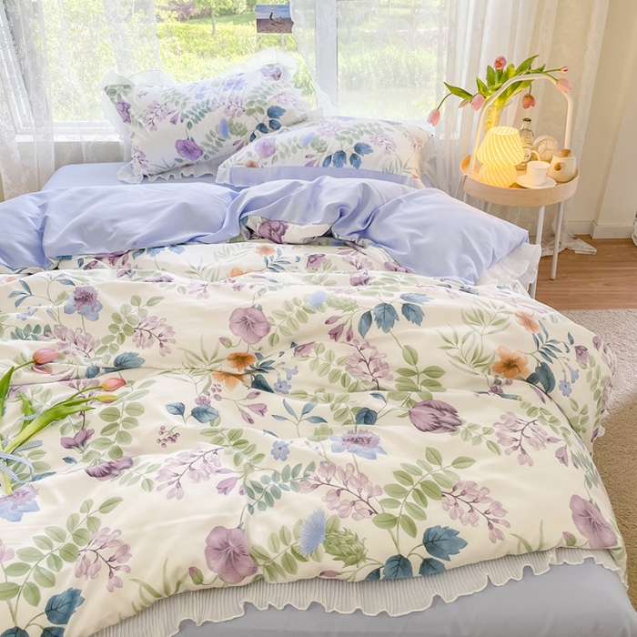 91家纺网 家纺一手货源 找家纺 琪格格纺织 2022新款水洗棉蕾丝边四件套 汐颜