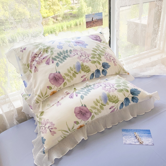 91家纺网 家纺一手货源 找家纺 琪格格纺织 2022新款水洗棉蕾丝边四件套 汐颜