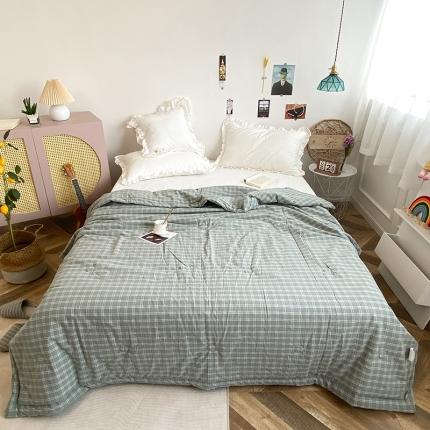 珺柔家纺 2021新款全棉色织水洗棉夏被 布丁小格绿