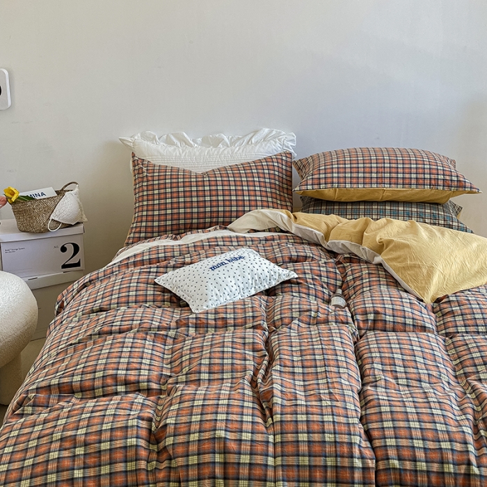 91家纺网 家纺一手货源 找家纺 洋铭区 2021新款水洗棉格子四件套 荔枝格