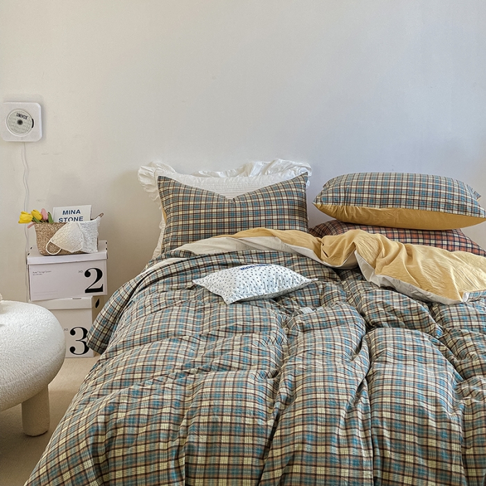 91家纺网 家纺一手货源 找家纺 洋铭区 2021新款水洗棉格子四件套 山竹格