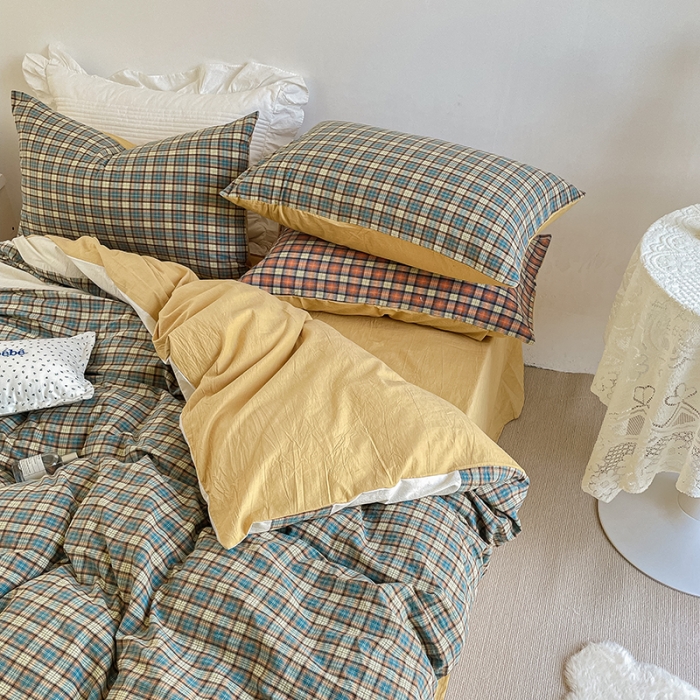 91家纺网 家纺一手货源 找家纺 洋铭区 2021新款水洗棉格子四件套 山竹格