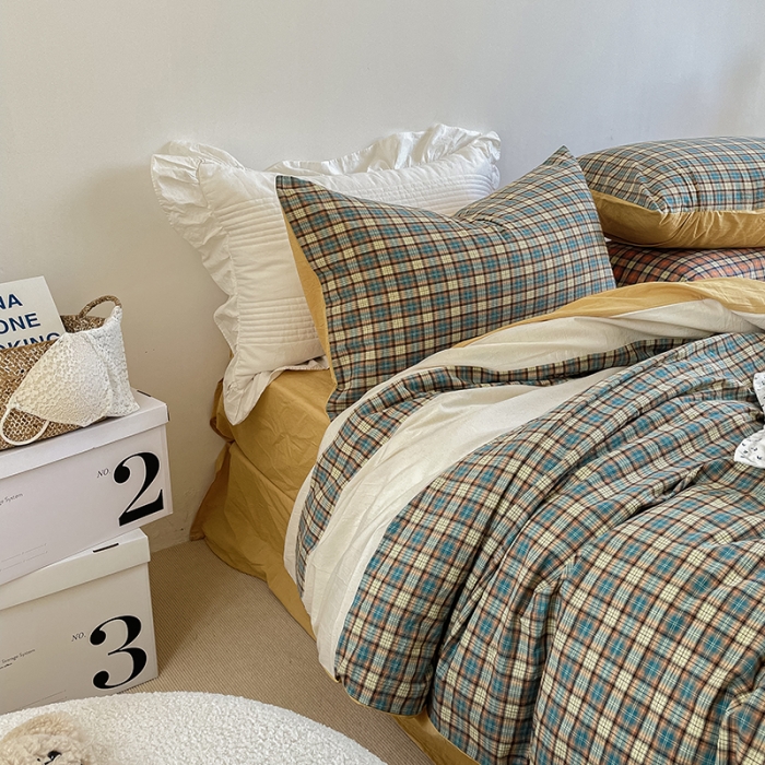 91家纺网 家纺一手货源 找家纺 洋铭区 2021新款水洗棉格子四件套 山竹格