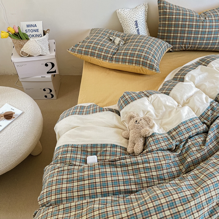 91家纺网 家纺一手货源 找家纺 洋铭区 2021新款水洗棉格子四件套 山竹格