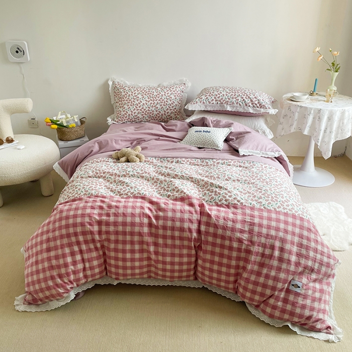 91家纺网 家纺一手货源 找家纺 洋铭区 2021新款慕斯拼色水洗棉四件套 慕斯粉