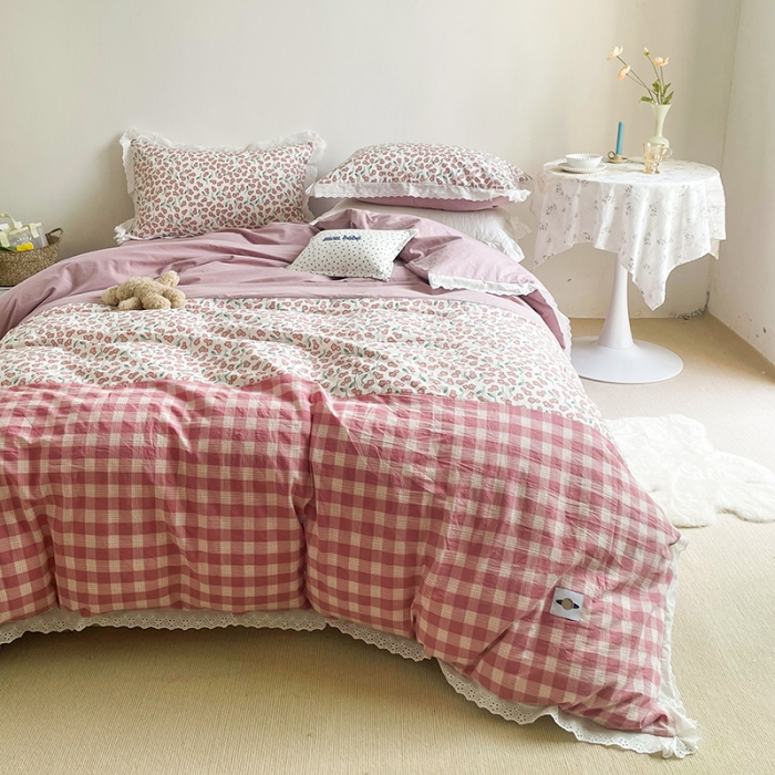 91家纺网 家纺一手货源 找家纺 洋铭区 2021新款慕斯拼色水洗棉四件套 慕斯粉