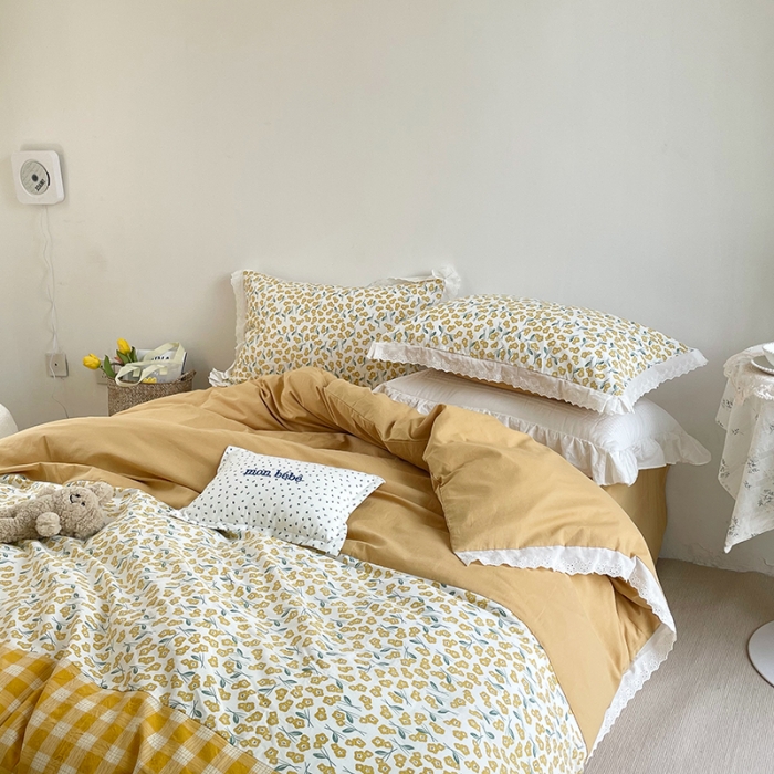 91家纺网 家纺一手货源 找家纺 洋铭区 2021新款慕斯拼色水洗棉四件套 慕斯黄