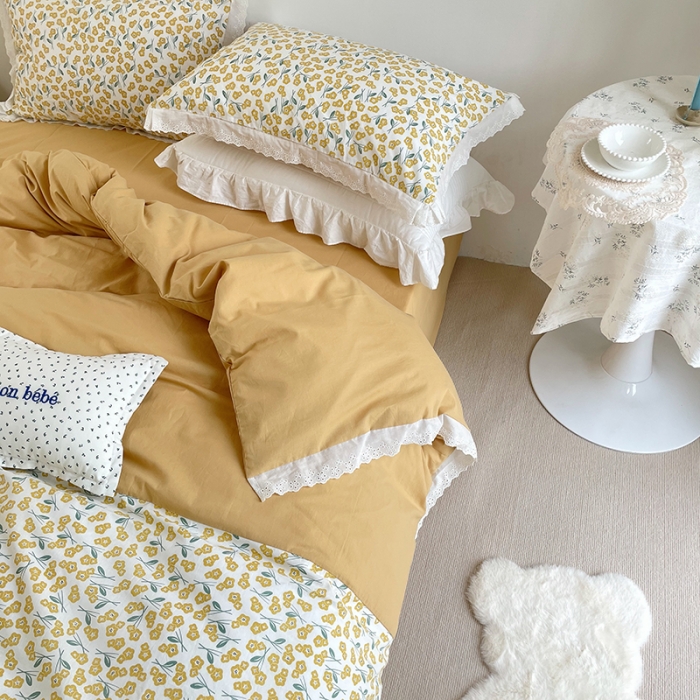 91家纺网 家纺一手货源 找家纺 洋铭区 2021新款慕斯拼色水洗棉四件套 慕斯黄