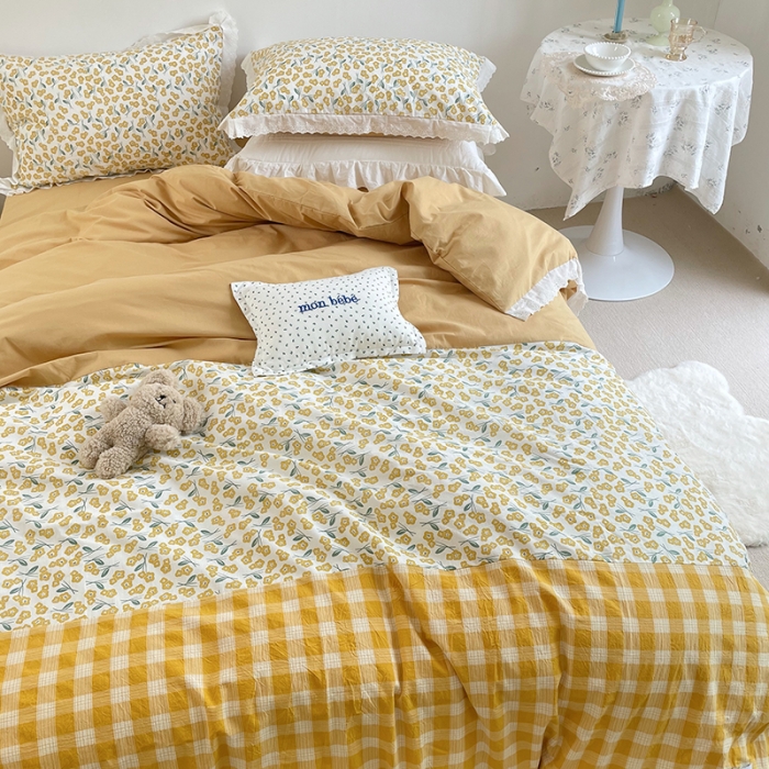 91家纺网 家纺一手货源 找家纺 洋铭区 2021新款慕斯拼色水洗棉四件套 慕斯黄