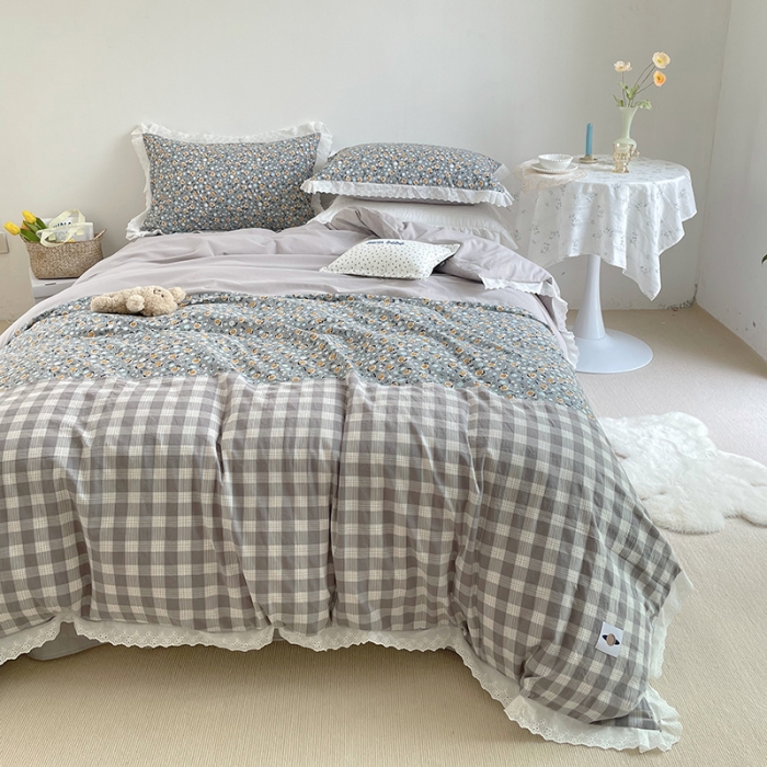 91家纺网 家纺一手货源 找家纺 洋铭区 2021新款慕斯拼色水洗棉四件套 慕斯灰